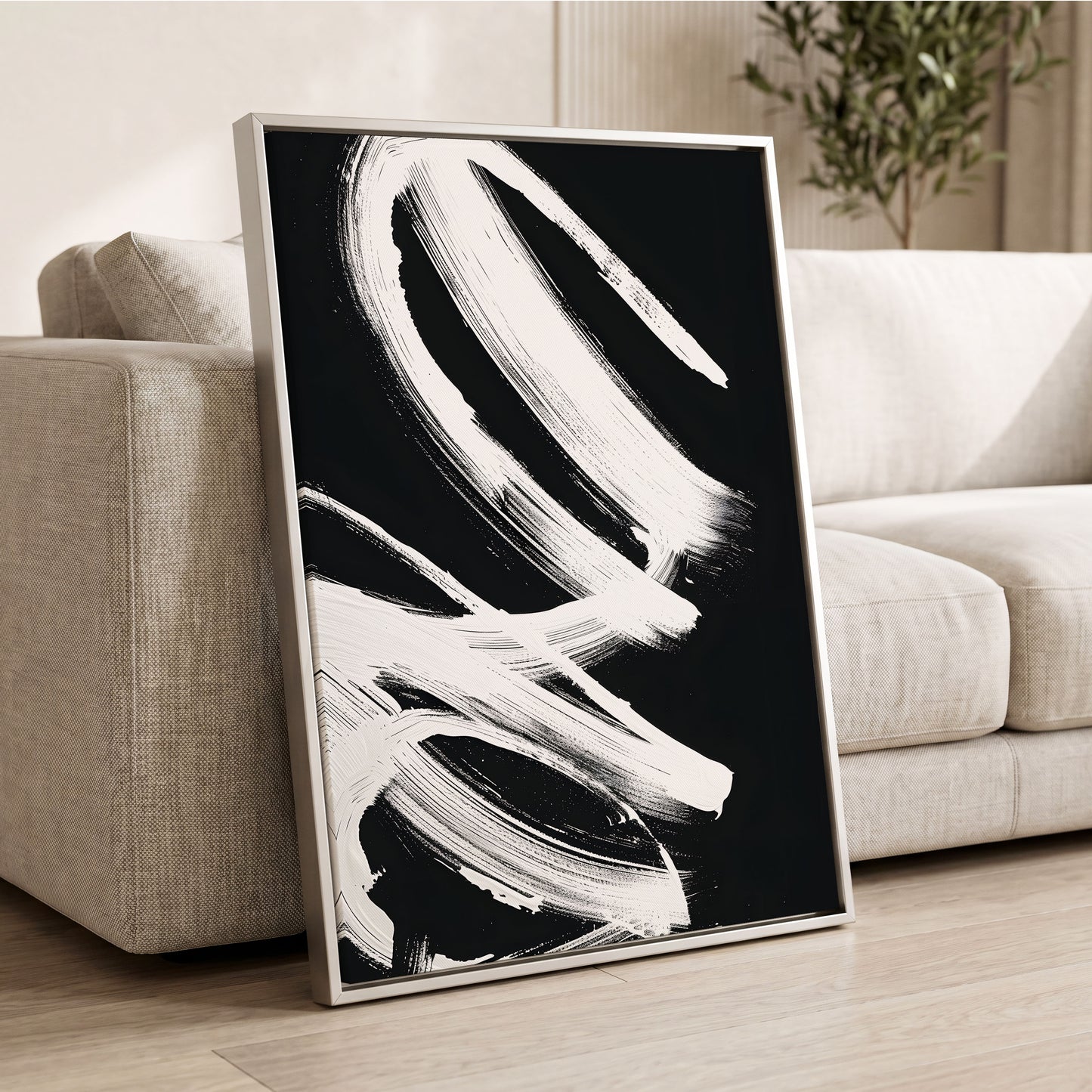 White Current, black, white abstract wall art displayed in a styled interior, gallery view 2