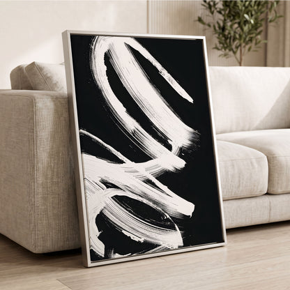 White Current, black, white abstract wall art displayed in a styled interior, gallery view 2