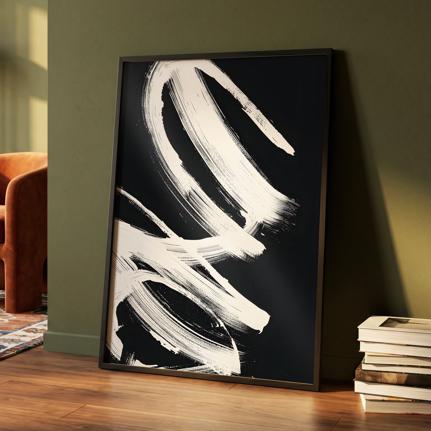 White Current, black, white abstract wall art displayed in a styled interior, gallery view 4