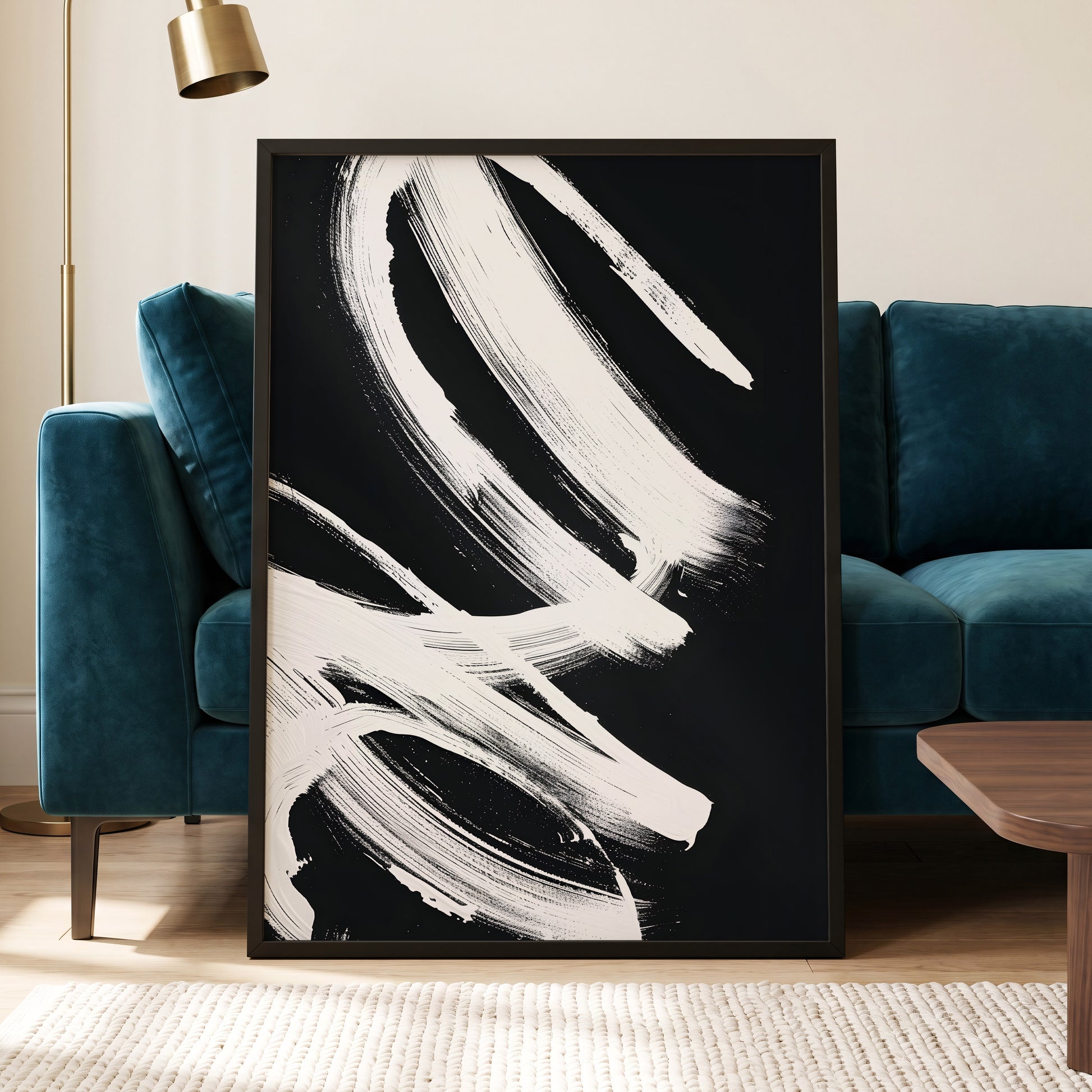 White Current, black, white abstract wall art displayed in a styled interior, gallery view 6