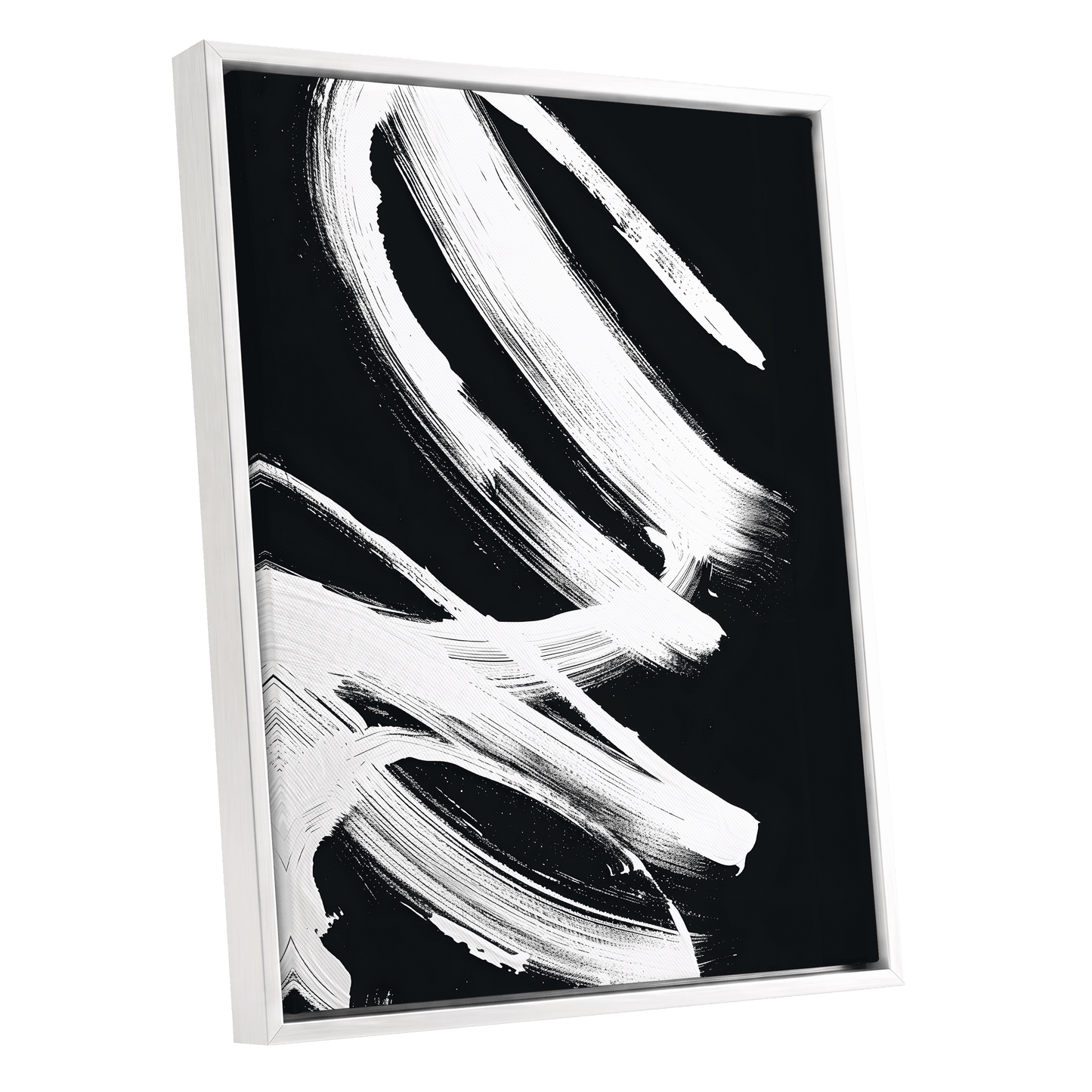 White Current, black, white abstract wall art shown as a white framed canvas wall art