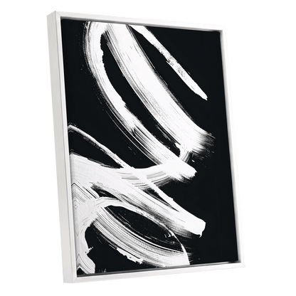 White Current, black, white abstract wall art shown as a white framed canvas wall art