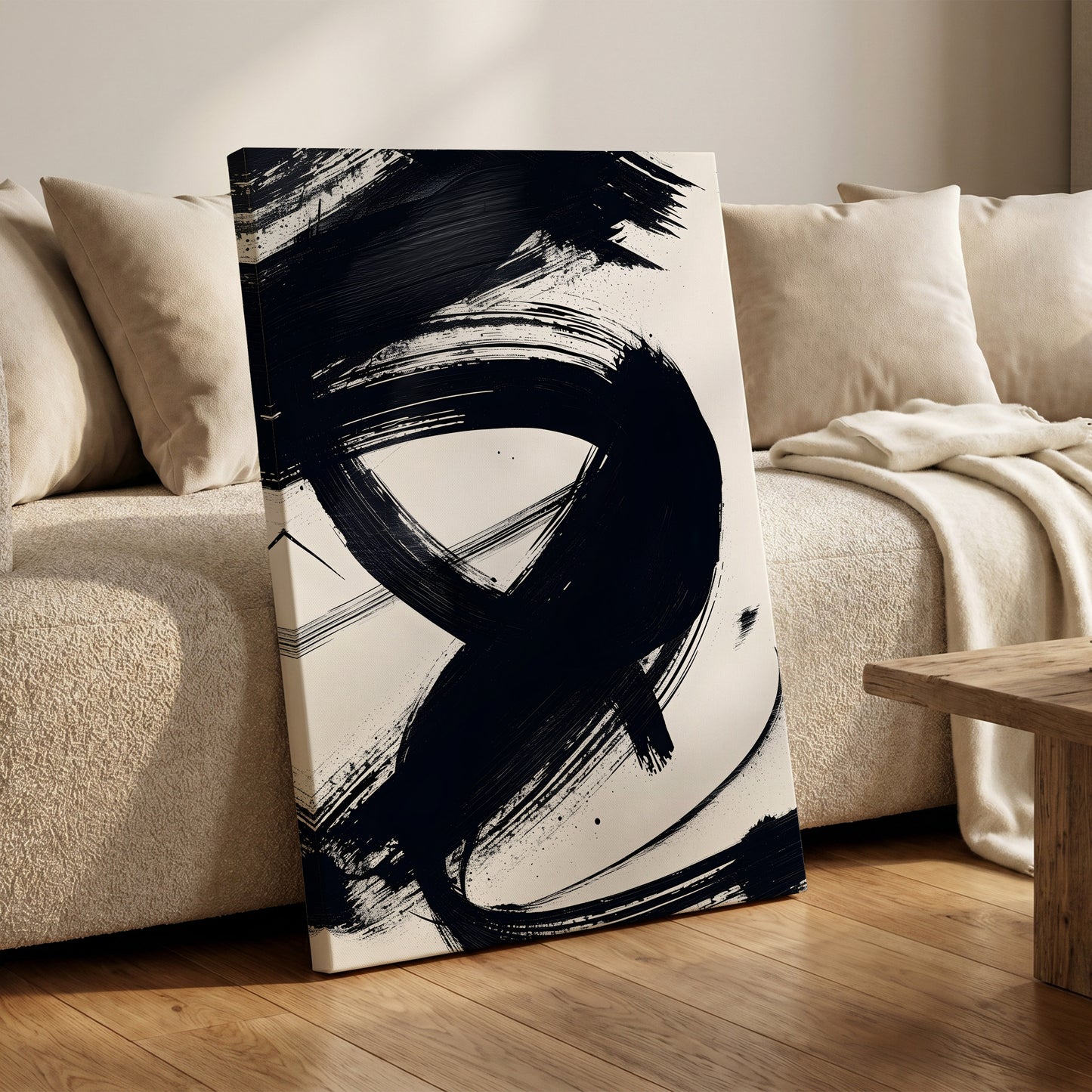 White Space, Black Rush, black, white abstract wall art on canvas displayed in a styled interior, gallery view 1