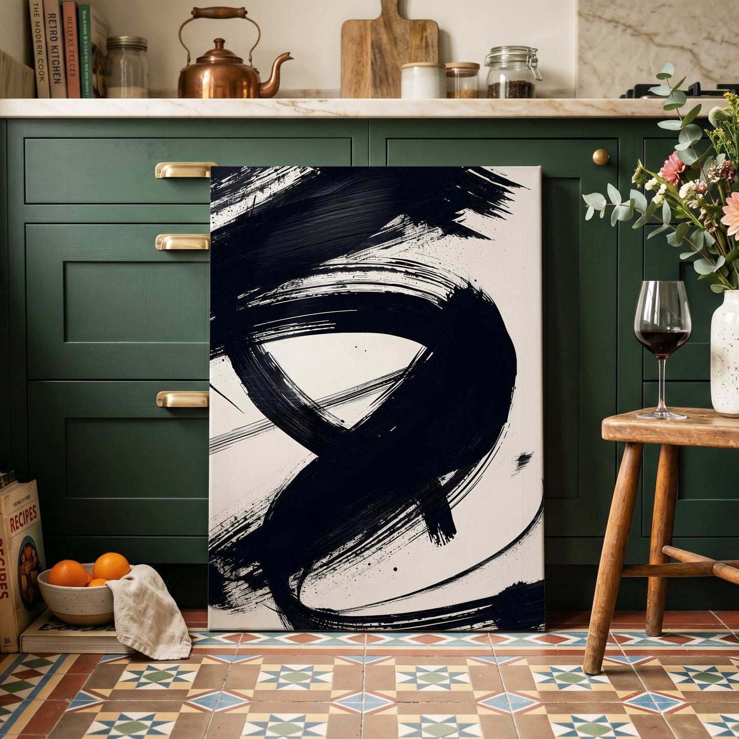 White Space, Black Rush, black, white abstract wall art on canvas displayed in a styled interior, gallery view 2
