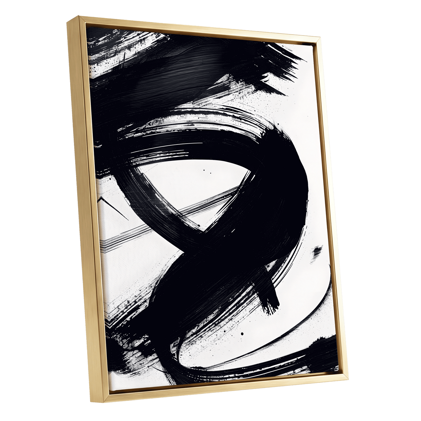 White Space, Black Rush, black, white abstract wall art shown as a gold framed canvas wall art