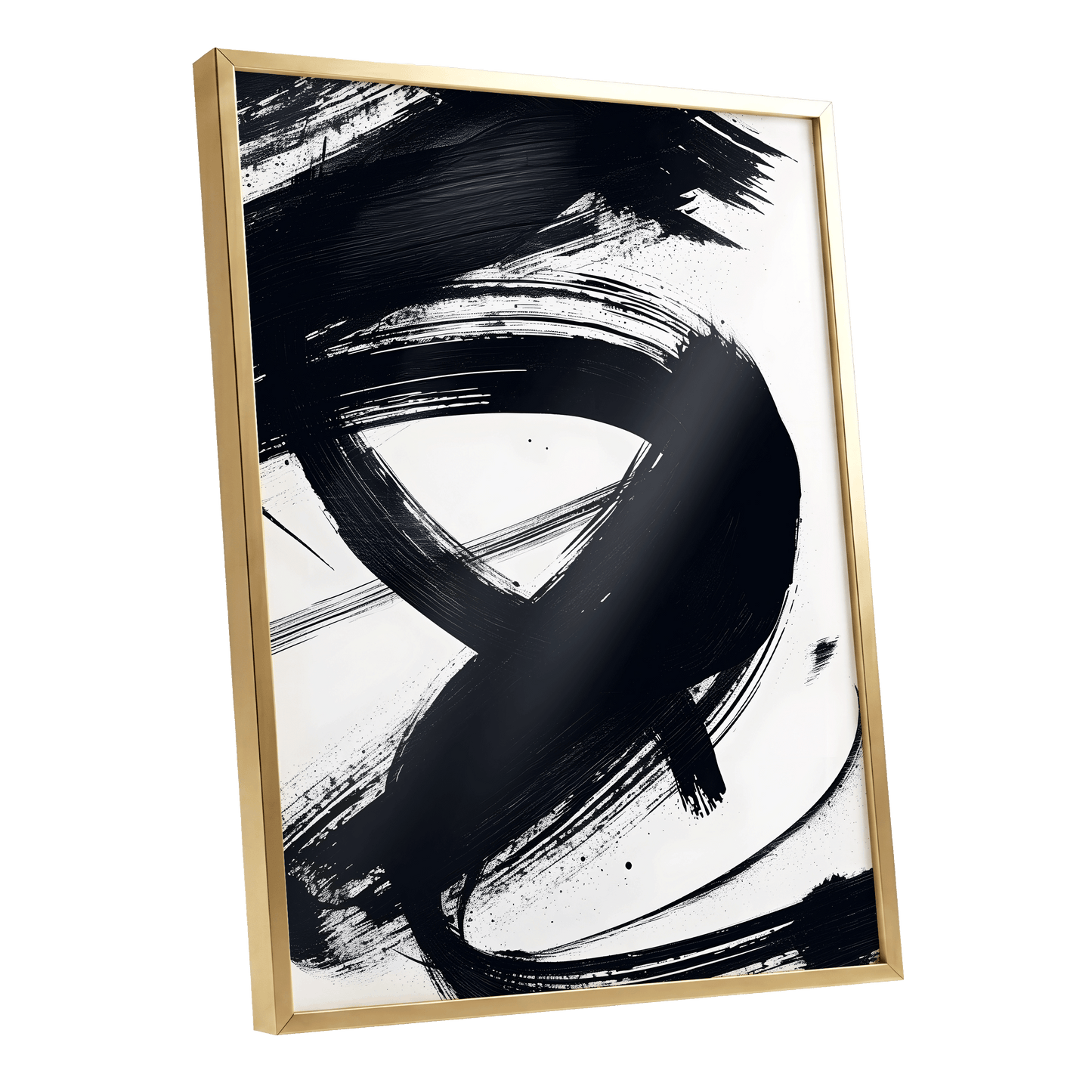 White Space, Black Rush, black, white abstract wall art shown as a gold framed poster wall art print