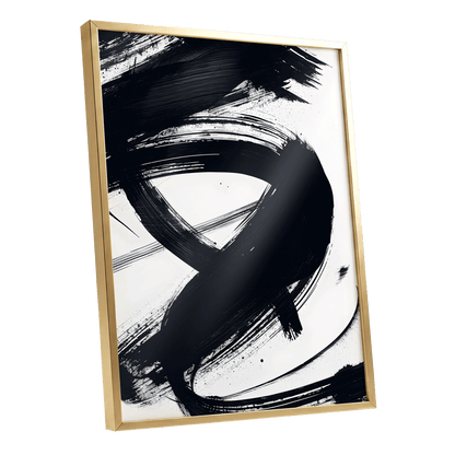 White Space, Black Rush, black, white abstract wall art shown as a gold framed poster wall art print