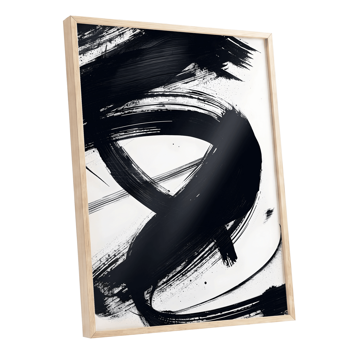 White Space, Black Rush, black, white abstract wall art shown as a oak framed poster wall art print