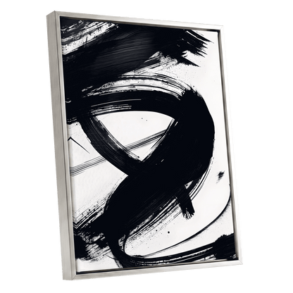 White Space, Black Rush, black, white abstract wall art shown as a silver framed canvas wall art