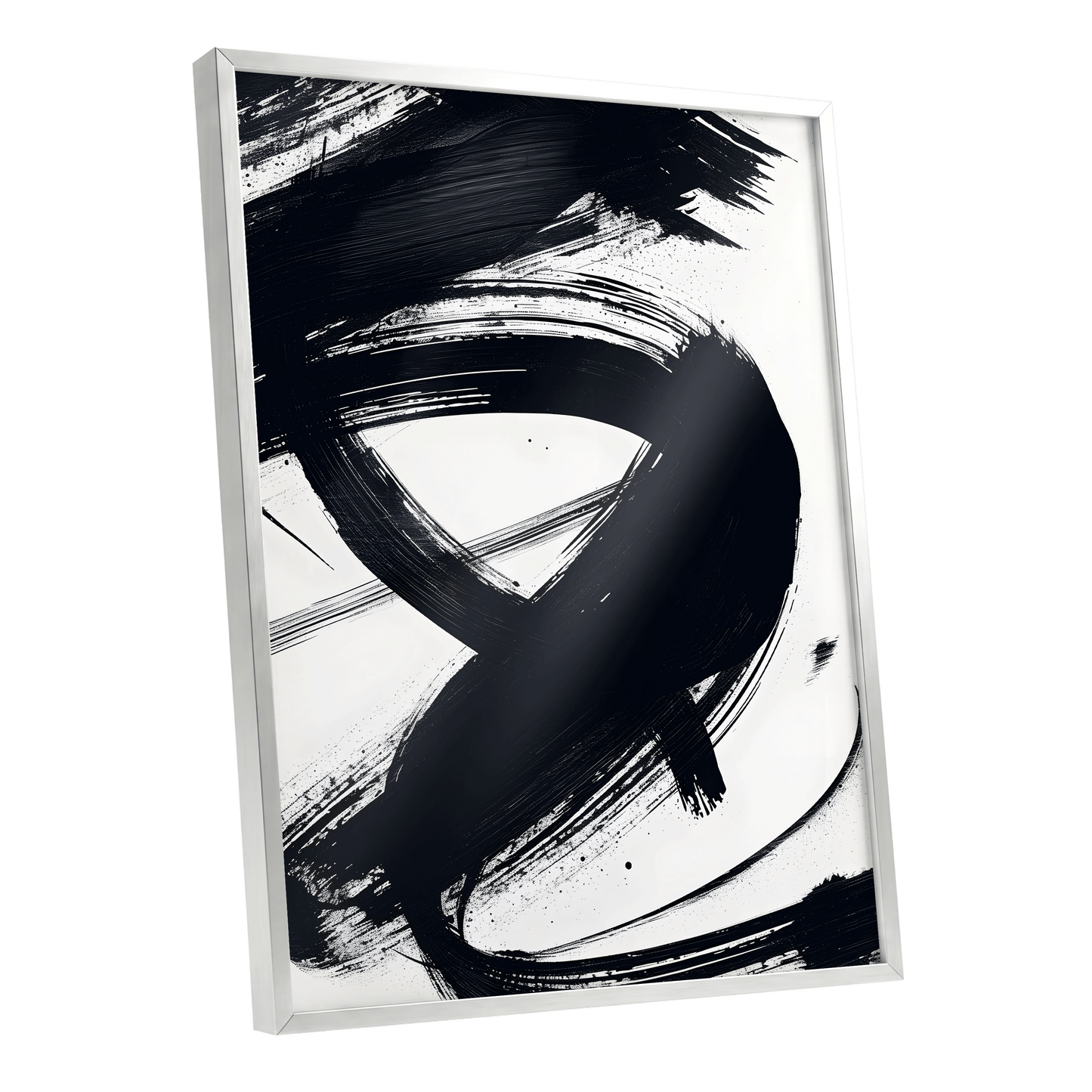 White Space, Black Rush, black, white abstract wall art shown as a silver framed poster wall art print