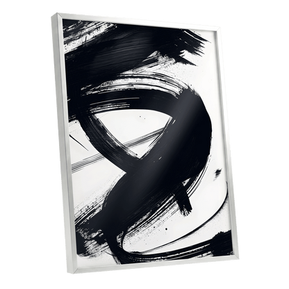 White Space, Black Rush, black, white abstract wall art shown as a silver framed poster wall art print