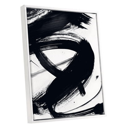 White Space, Black Rush, black, white abstract wall art shown as a white framed canvas wall art