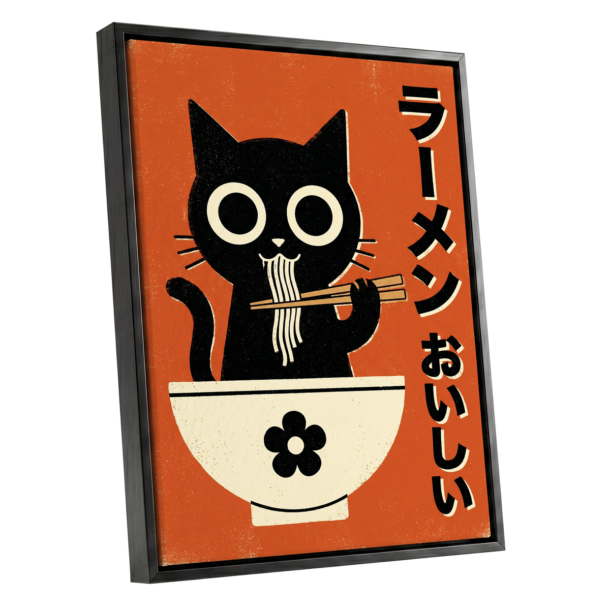Wide-Eyed Noodle Cat, black, orange, beige minimalist wall art shown as a black framed canvas wall art