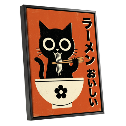 Wide-Eyed Noodle Cat, black, orange, beige minimalist wall art shown as a black framed canvas wall art