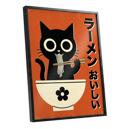 Wide-Eyed Noodle Cat, black, orange, beige minimalist wall art shown as a black framed poster wall art print