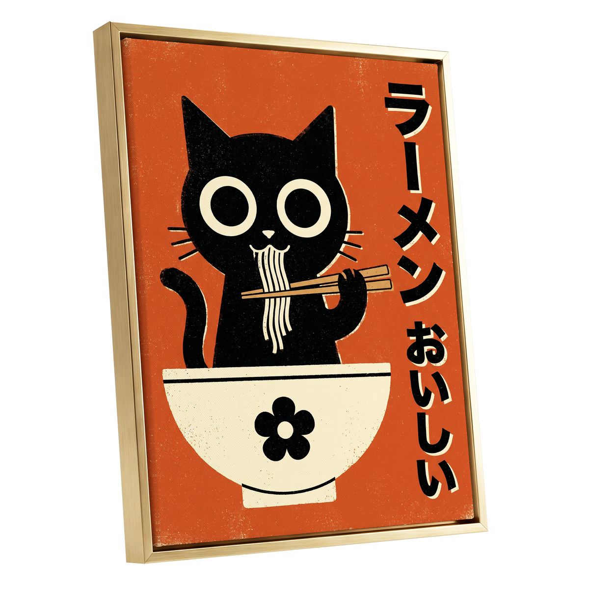 Wide-Eyed Noodle Cat, black, orange, beige minimalist wall art shown as a gold framed canvas wall art