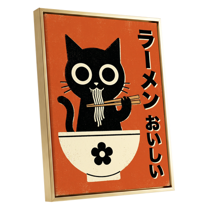 Wide-Eyed Noodle Cat, black, orange, beige minimalist wall art shown as a gold framed canvas wall art