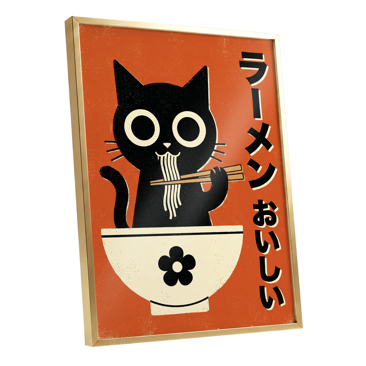Wide-Eyed Noodle Cat, black, orange, beige minimalist wall art shown as a gold framed poster wall art print