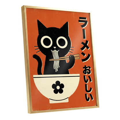 Wide-Eyed Noodle Cat, black, orange, beige minimalist wall art shown as a gold framed poster wall art print