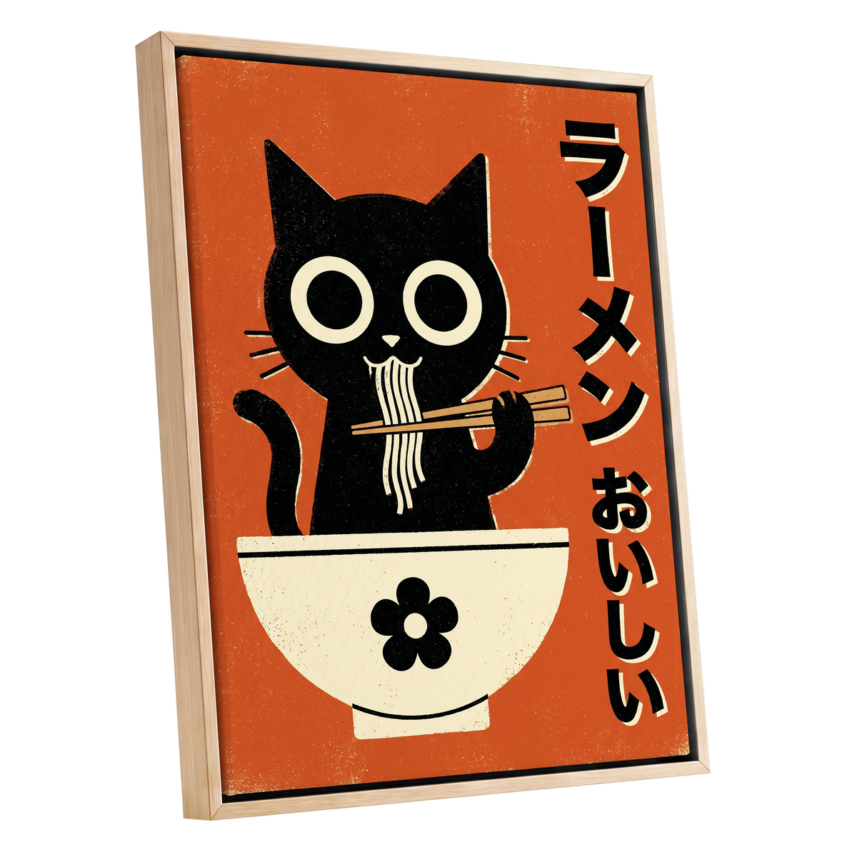 Wide-Eyed Noodle Cat, black, orange, beige minimalist wall art shown as a oak framed canvas wall art