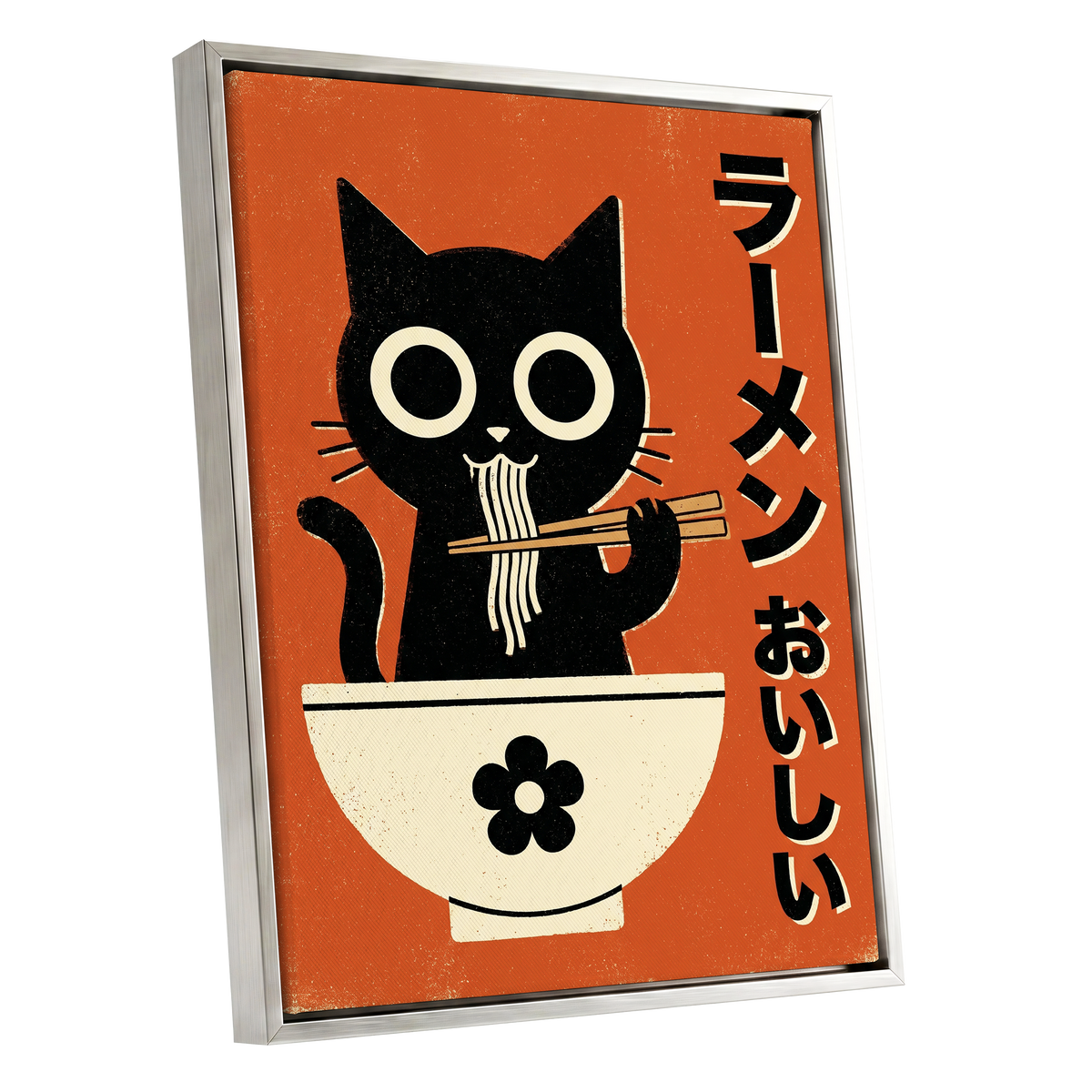Wide-Eyed Noodle Cat, black, orange, beige minimalist wall art shown as a silver framed canvas wall art