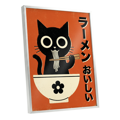 Wide-Eyed Noodle Cat, black, orange, beige minimalist wall art shown as a silver framed poster wall art print