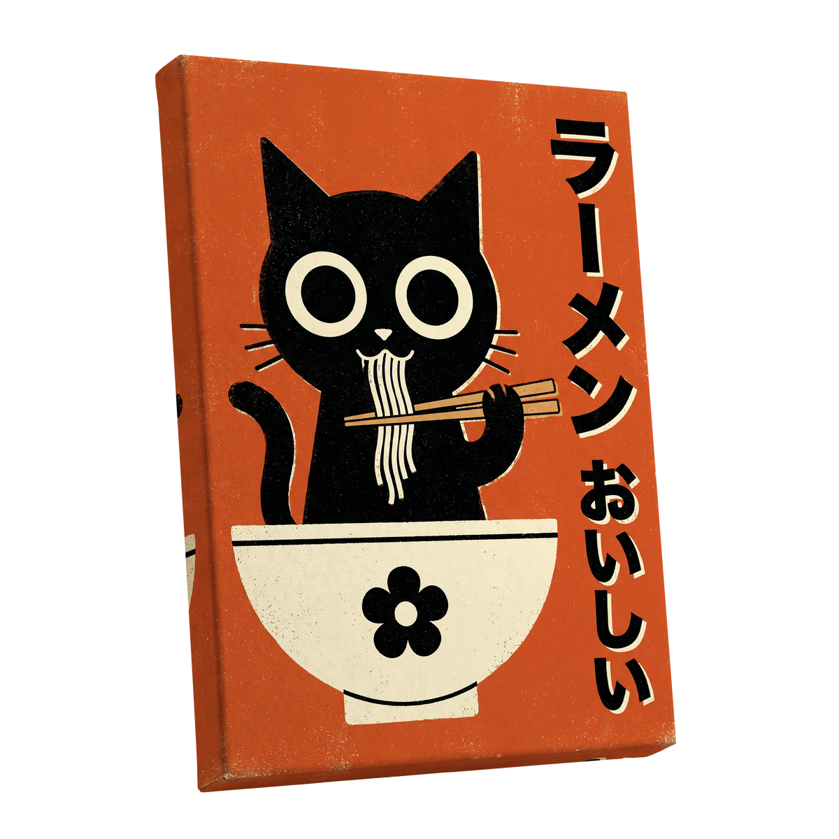 Wide-Eyed Noodle Cat, black, orange, beige minimalist wall art shown as a stretched canvas wall art