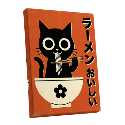 Wide-Eyed Noodle Cat, black, orange, beige minimalist wall art shown as a stretched canvas wall art