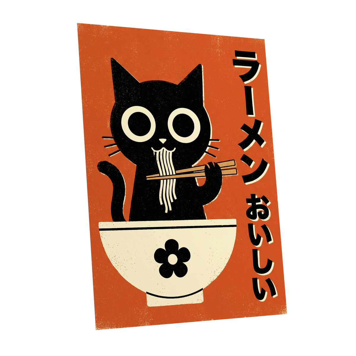 Wide-Eyed Noodle Cat, black, orange, beige minimalist wall art shown as a unframed poster wall art print