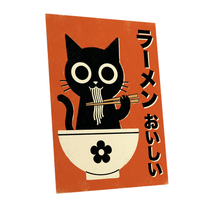 Wide-Eyed Noodle Cat, black, orange, beige minimalist wall art shown as a unframed poster wall art print