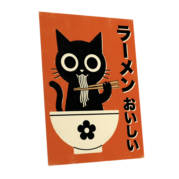 Wide-Eyed Noodle Cat, black, orange, beige minimalist wall art shown as a unframed poster wall art print