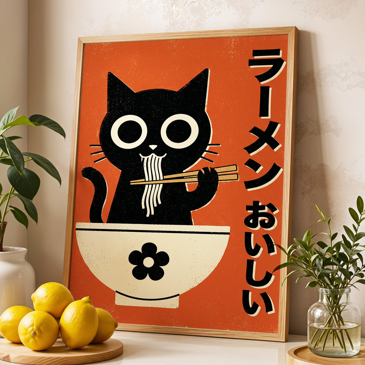 Wide-Eyed Noodle Cat, black, orange, beige minimalist wall art displayed in a styled interior, gallery view 2