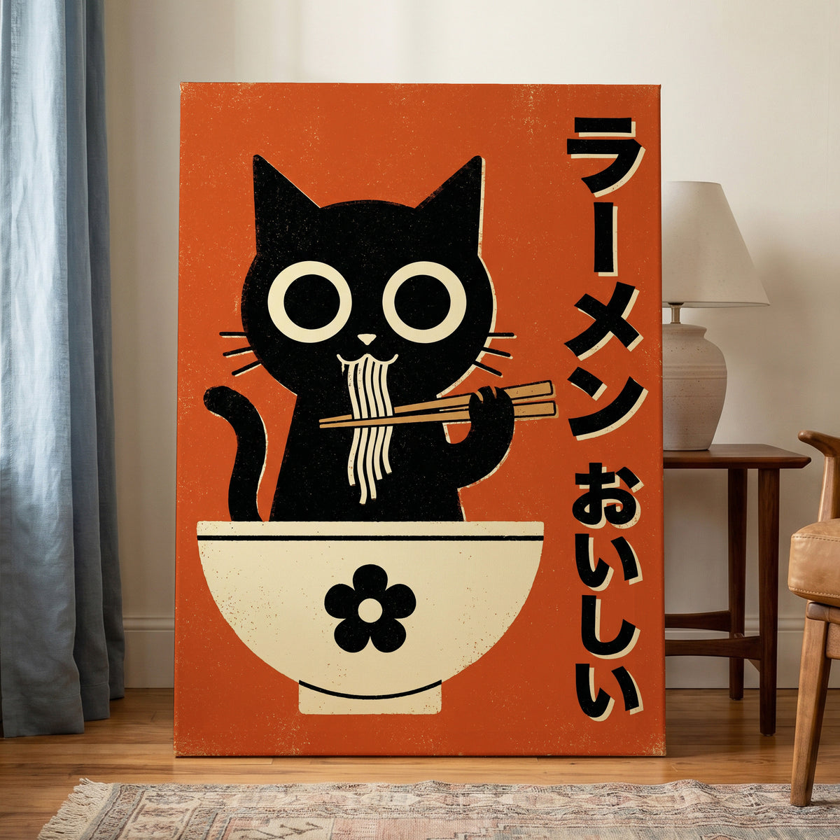 Wide-Eyed Noodle Cat, black, orange, beige minimalist wall art displayed in a styled interior, gallery view 3