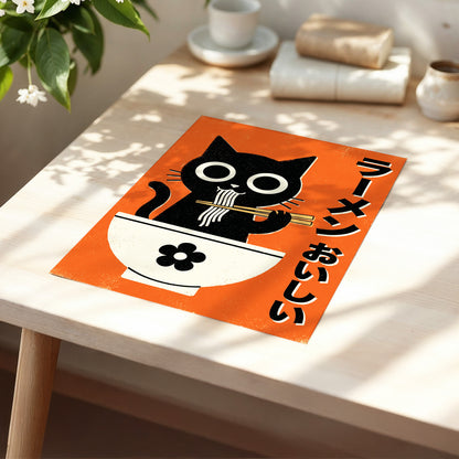 Wide-Eyed Noodle Cat, black, orange, beige minimalist wall art displayed in a styled interior, gallery view 5