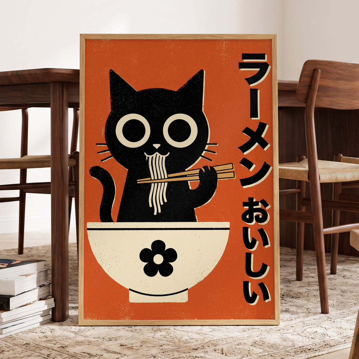 Wide-Eyed Noodle Cat, black, orange, beige minimalist wall art displayed in a styled interior, gallery view 6