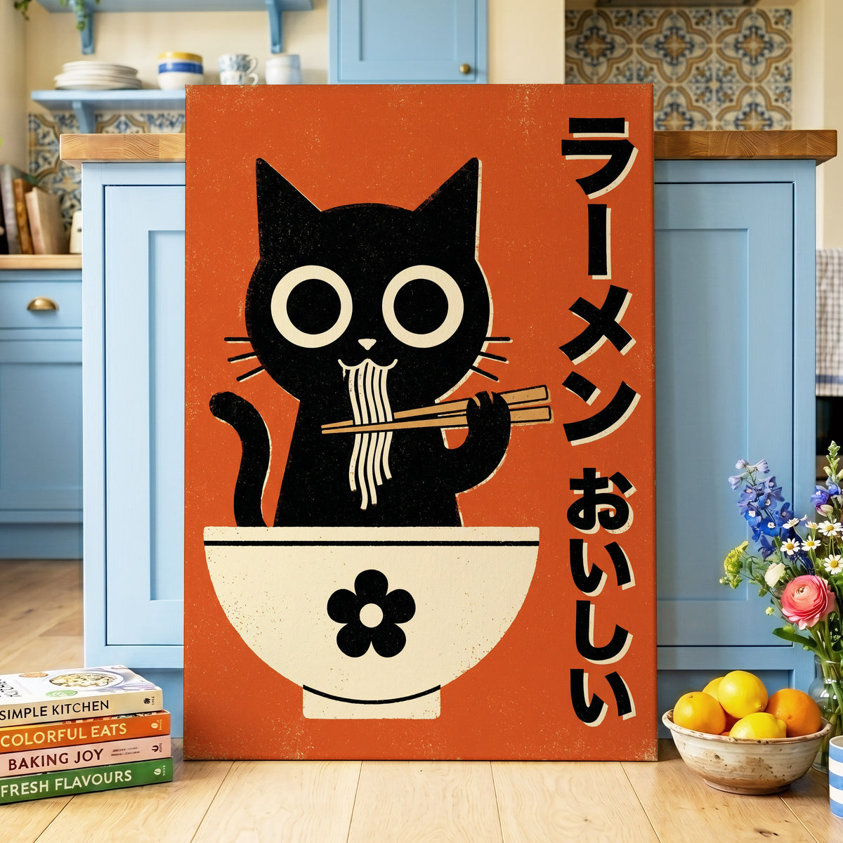 Wide-Eyed Noodle Cat, black, orange, beige minimalist wall art displayed in a styled interior, gallery view 7