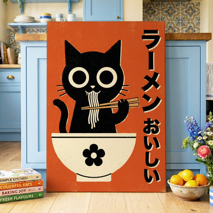 Wide-Eyed Noodle Cat, black, orange, beige minimalist wall art displayed in a styled interior, gallery view 7
