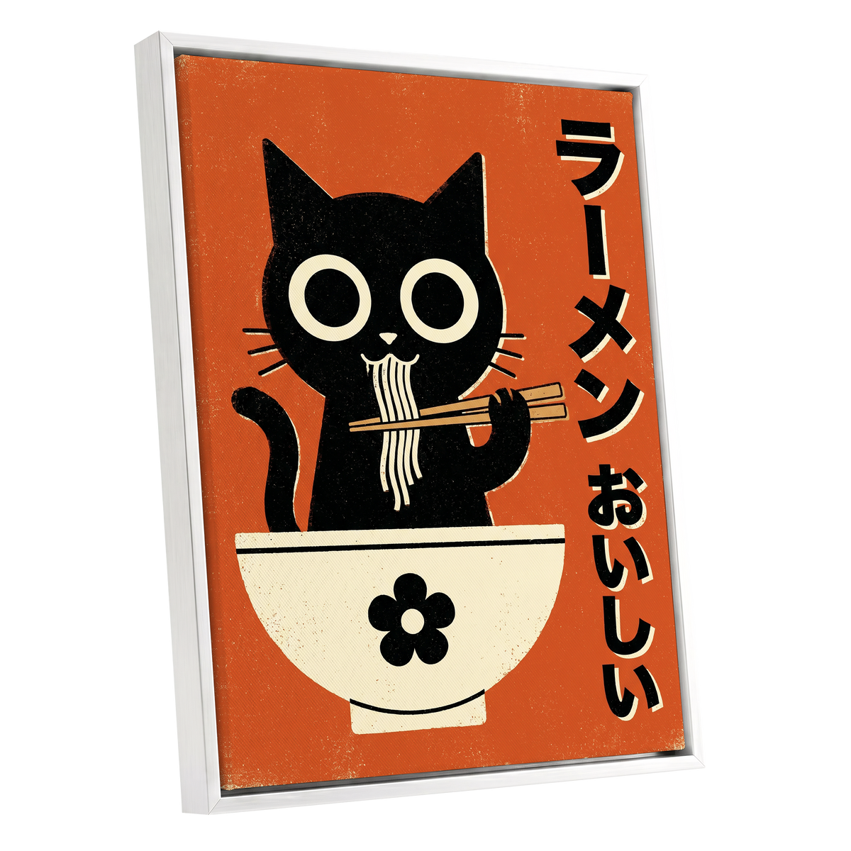 Wide-Eyed Noodle Cat, black, orange, beige minimalist wall art shown as a white framed canvas wall art