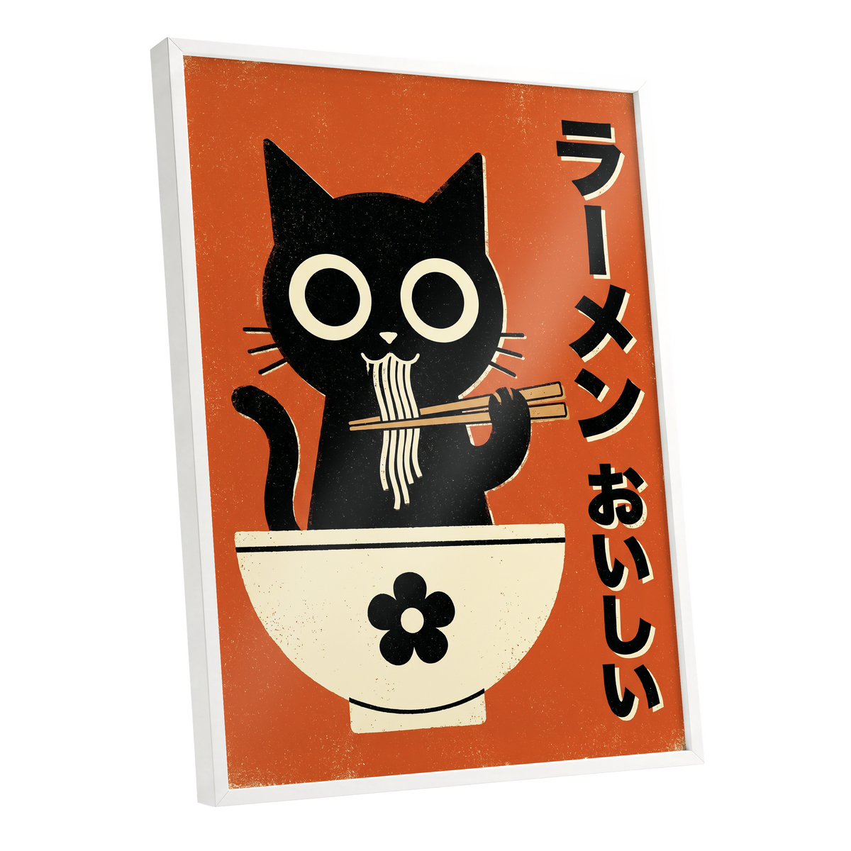 Wide-Eyed Noodle Cat, black, orange, beige minimalist wall art shown as a white framed poster wall art print
