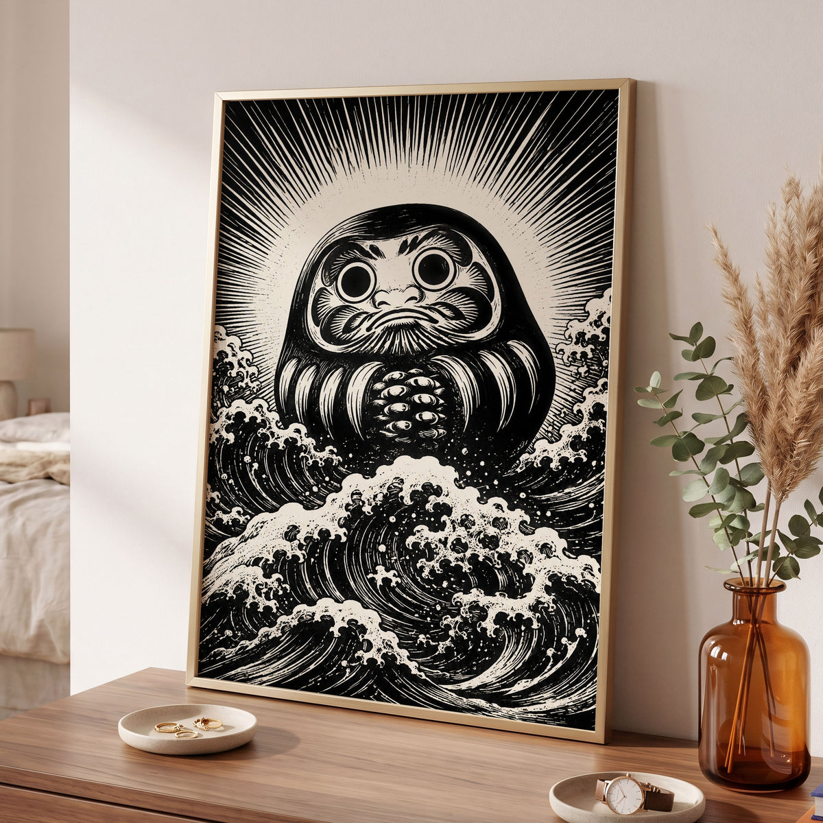 Wide-Eyed Tide, black, beige, white abstract wall art displayed in a styled interior, gallery view 2