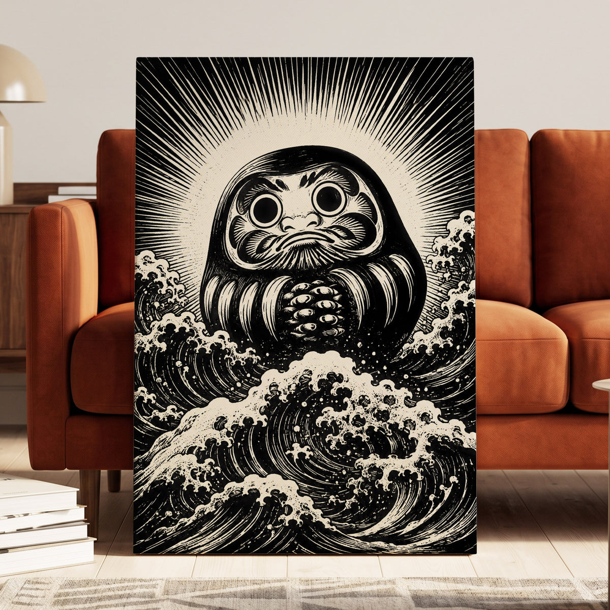 Wide-Eyed Tide, black, beige, white abstract wall art displayed in a styled interior, gallery view 3