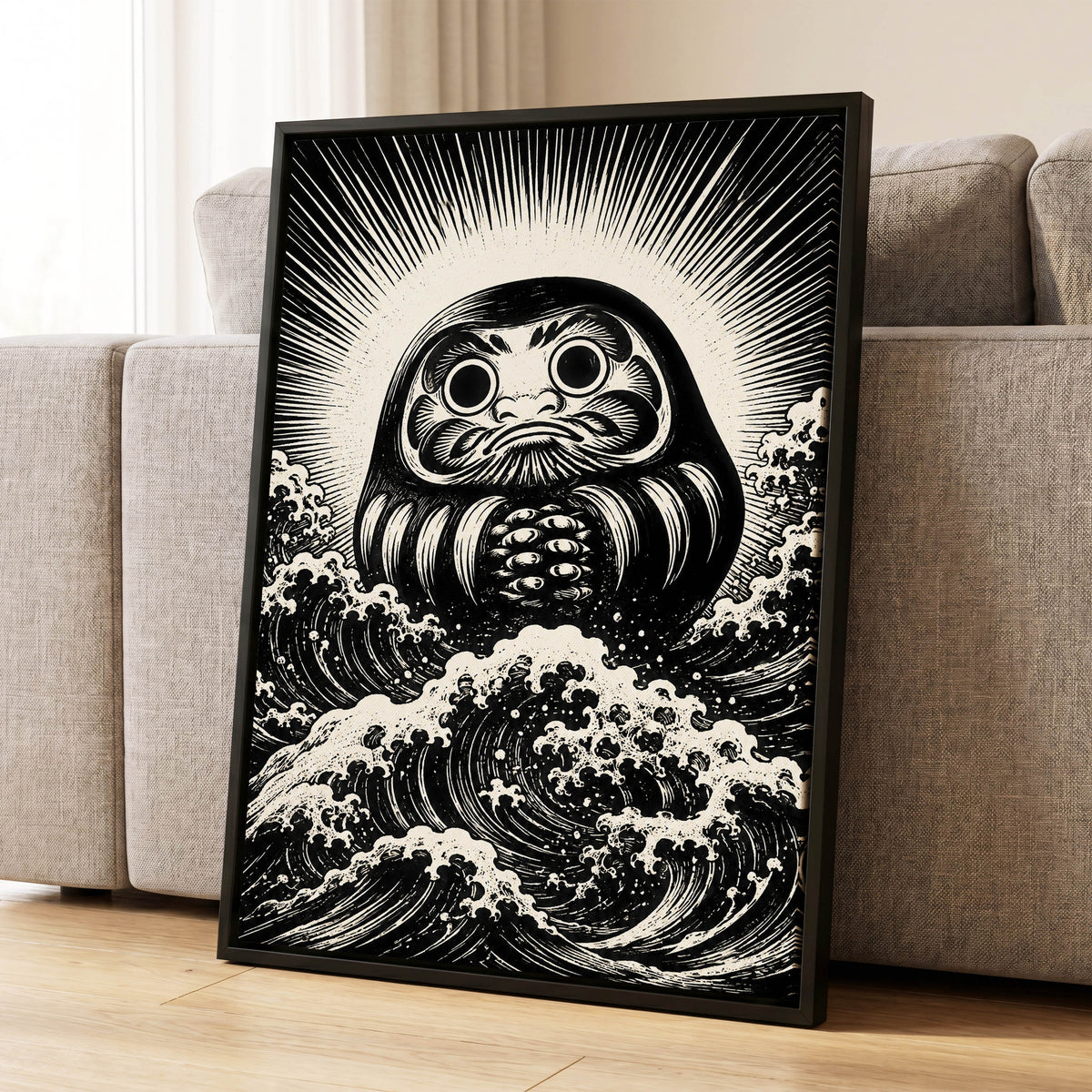 Wide-Eyed Tide, black, beige, white abstract wall art displayed in a styled interior, gallery view 4