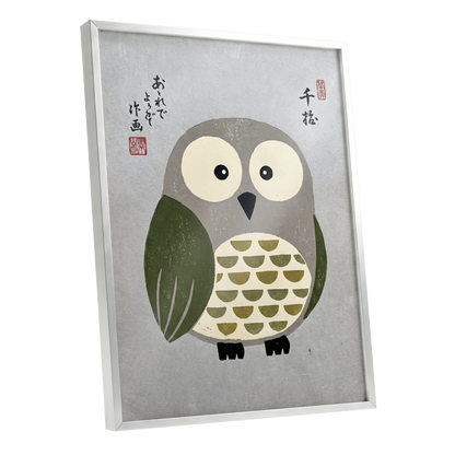 Wide-Eyed Woodland Owl, gray, green, beige nature wall art shown as a silver framed poster wall art print