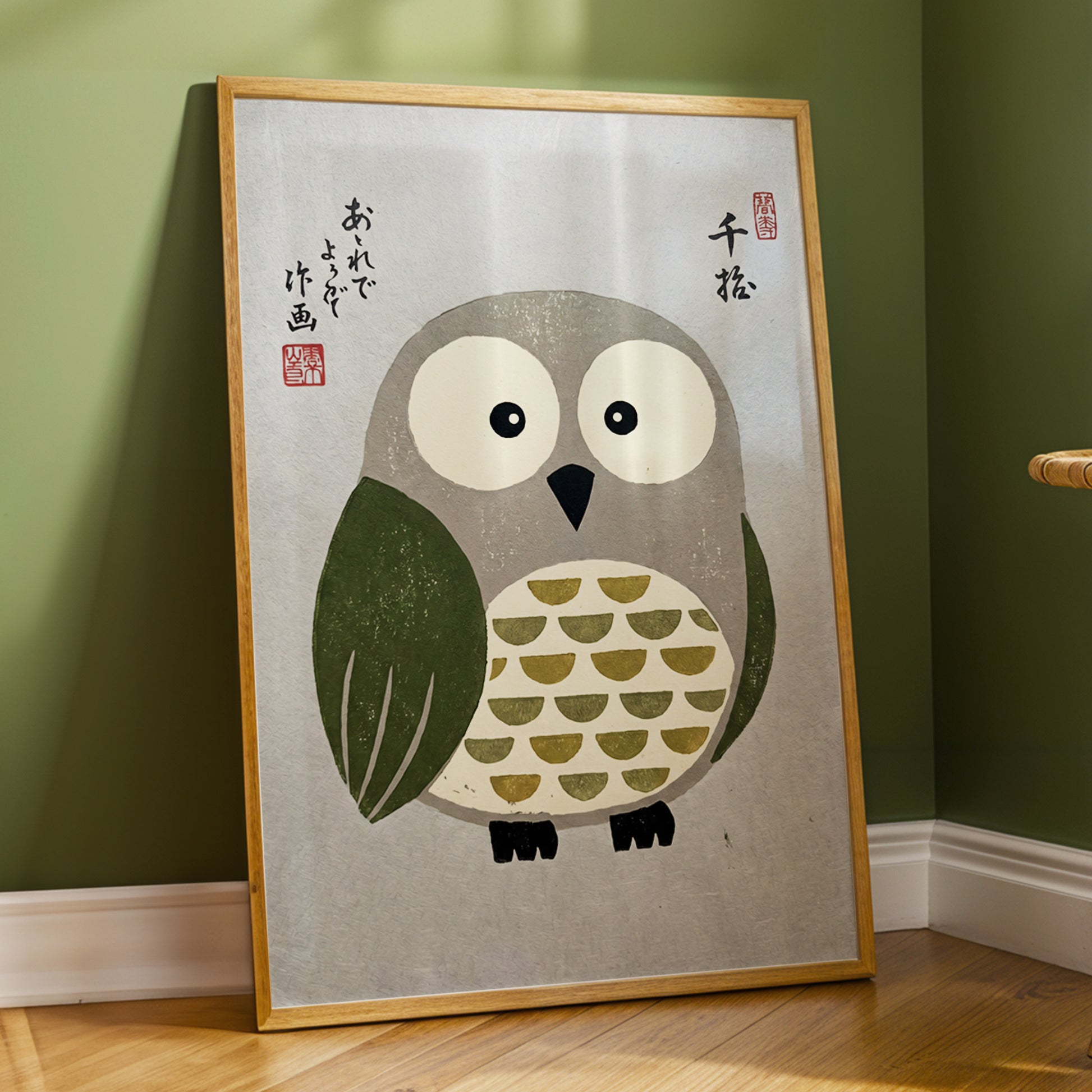 Wide-Eyed Woodland Owl, gray, green, beige nature wall art displayed in a styled interior, gallery view 2