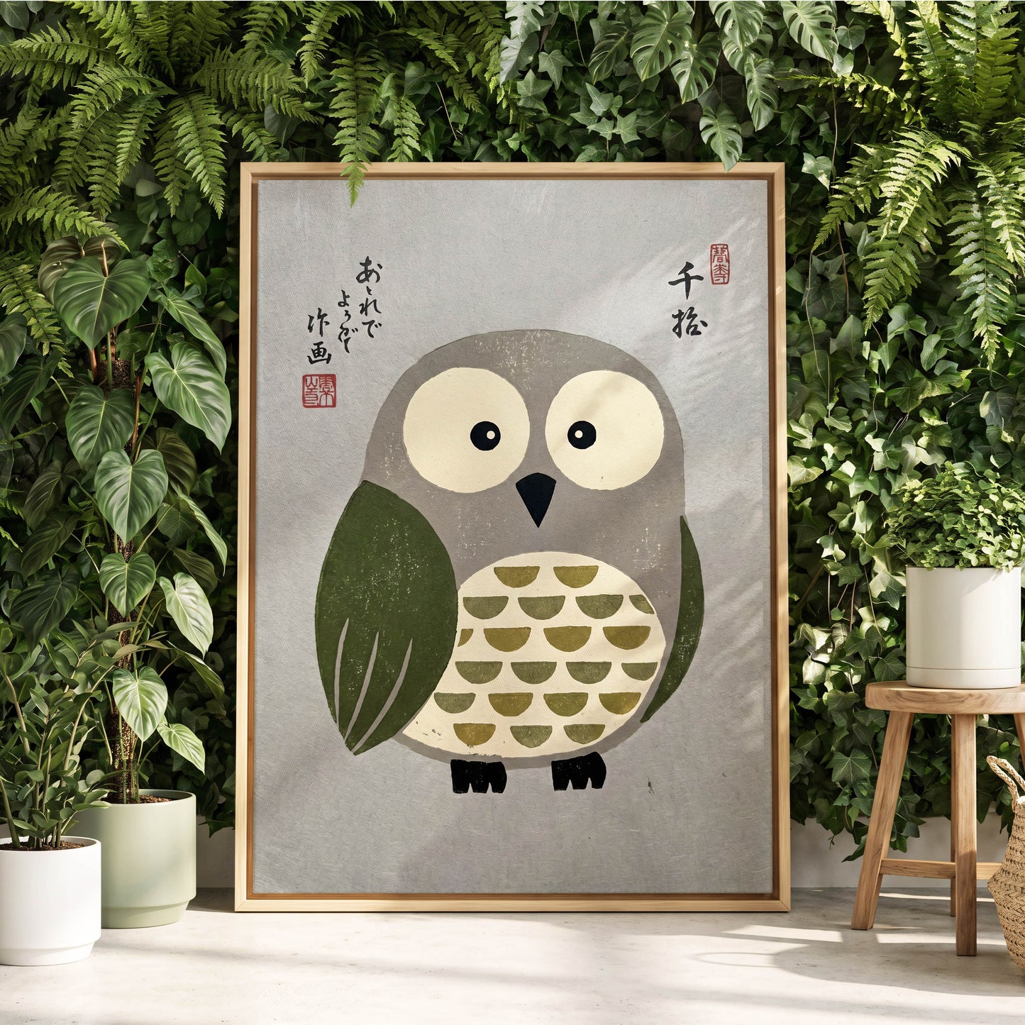 Wide-Eyed Woodland Owl, gray, green, beige nature wall art displayed in a styled interior, gallery view 4
