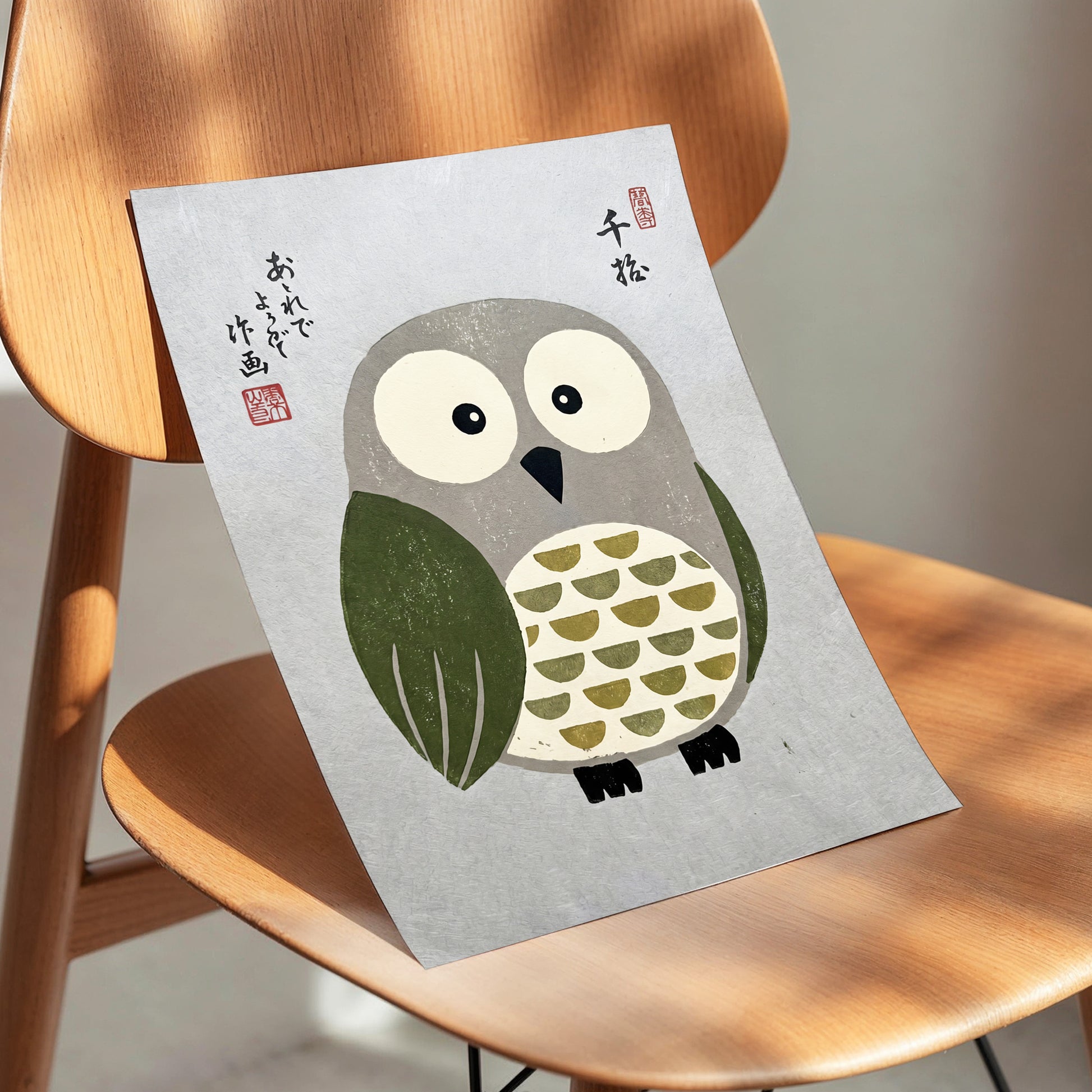 Wide-Eyed Woodland Owl, gray, green, beige nature wall art displayed in a styled interior, gallery view 5