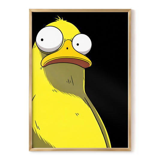 Wide-Eyed Yellow Bird, yellow, black, white minimalist wall art, front artwork view