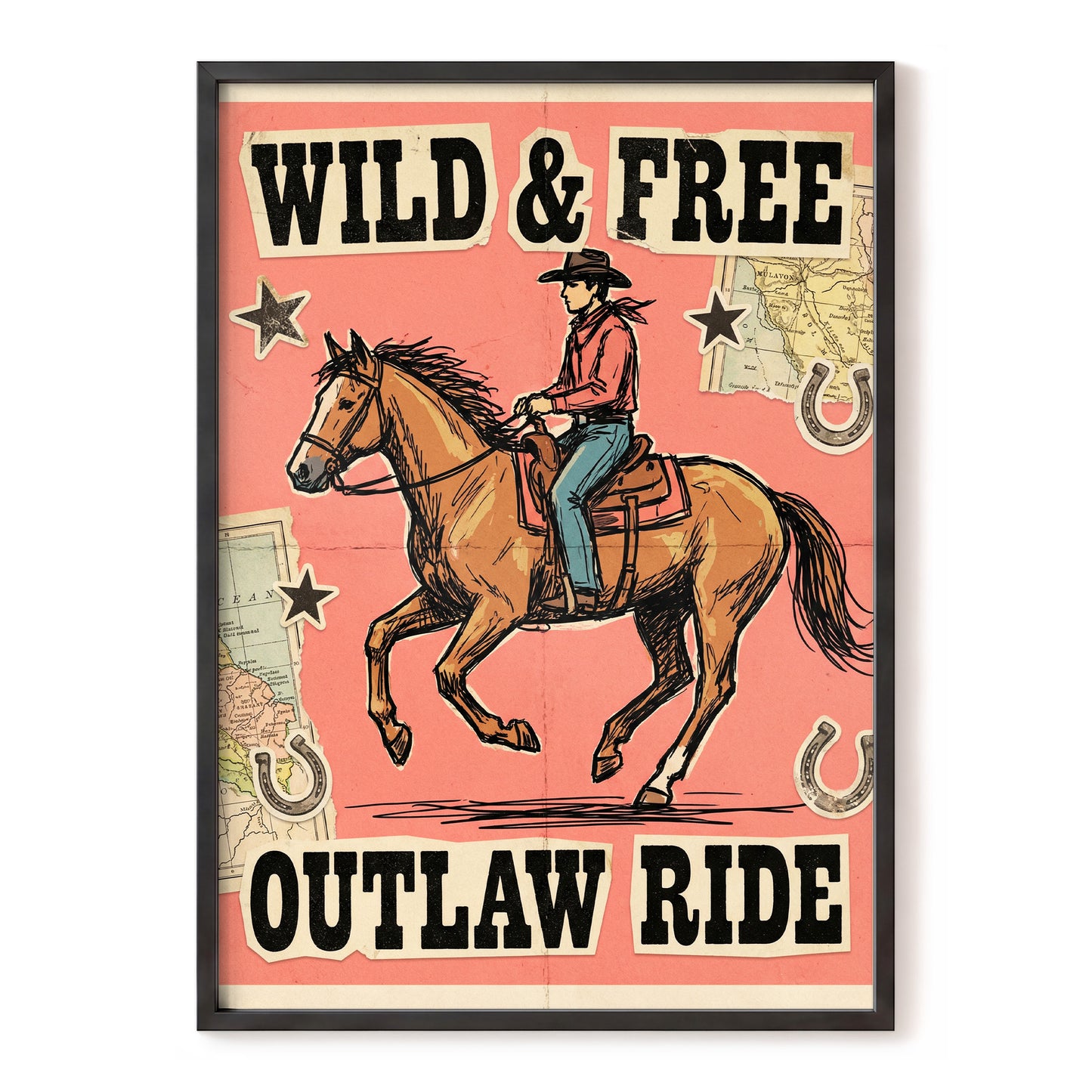 Wild & Free Outlaw Ride, pink, black, beige abstract wall art, front artwork view