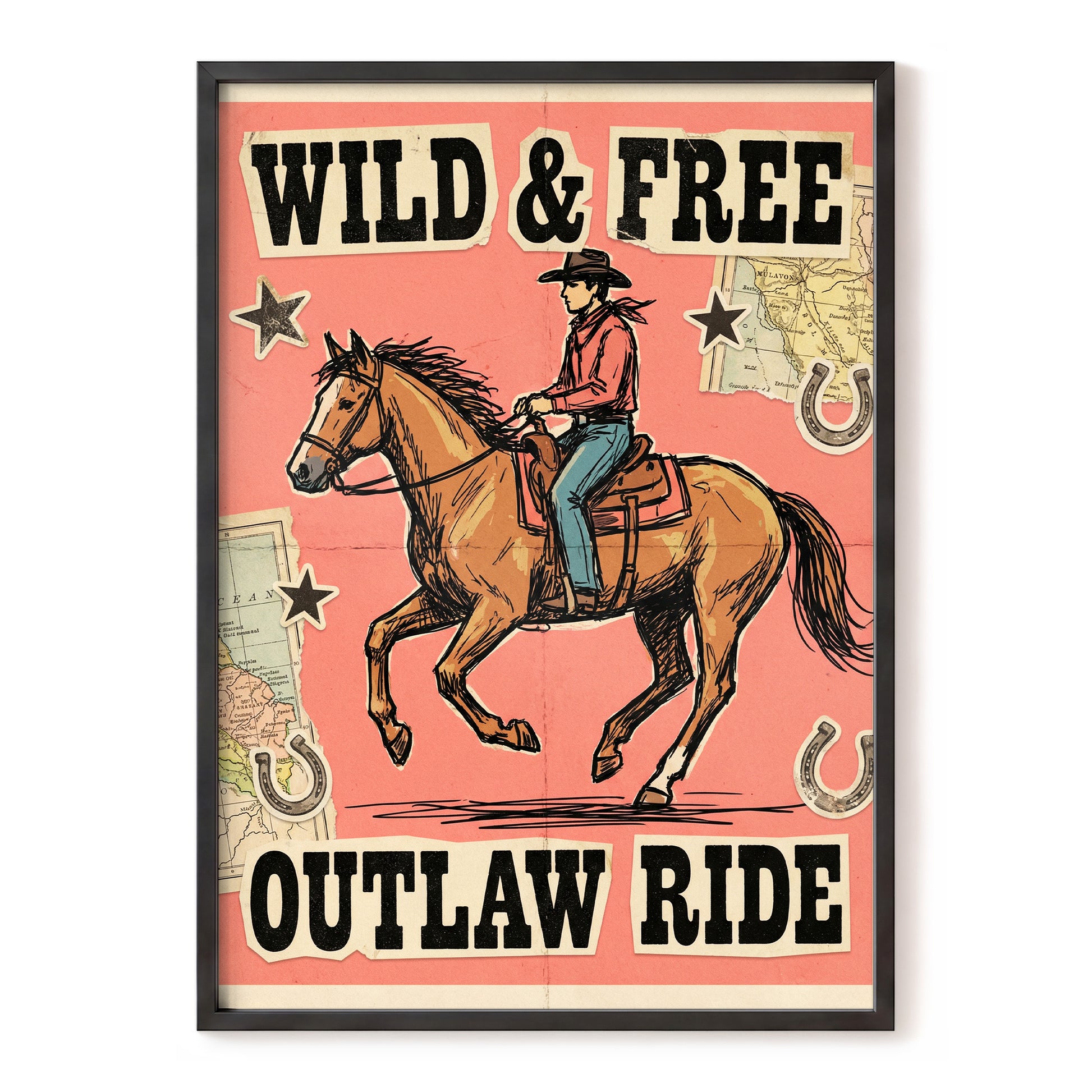 Wild & Free Outlaw Ride, pink, black, beige abstract wall art, front artwork view