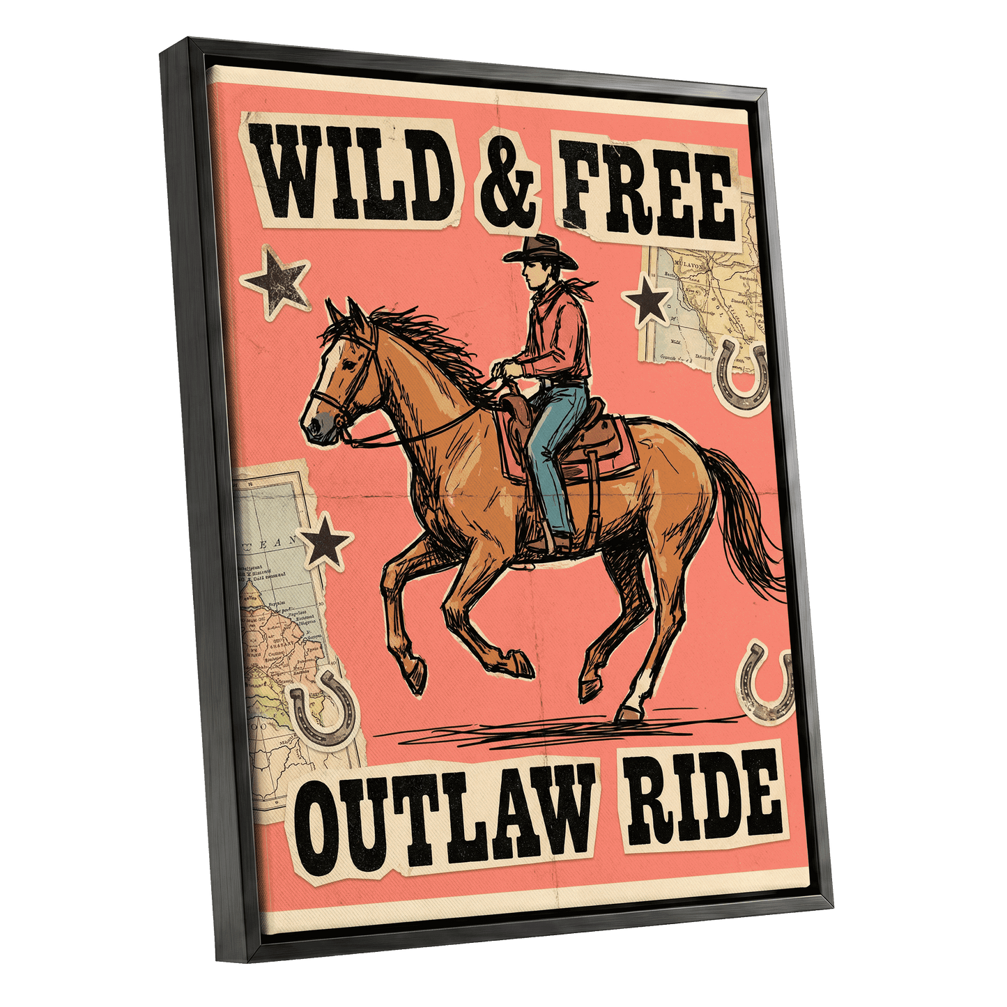 Wild & Free Outlaw Ride, pink, black, beige abstract wall art shown as a black framed canvas wall art